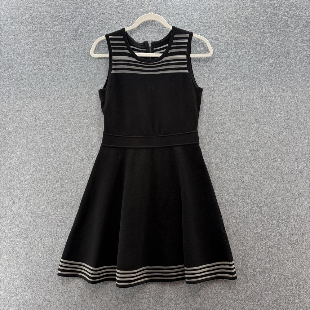 Milly Dress Medium Black Knit Sheer Stripe Sleeveless Fit Flare Career Party